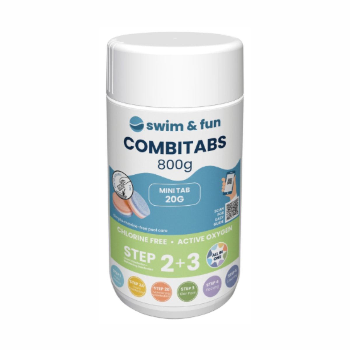 Swim & Fun Chlorine Free CombiTabs 800g active oxygen pool tablets in white container