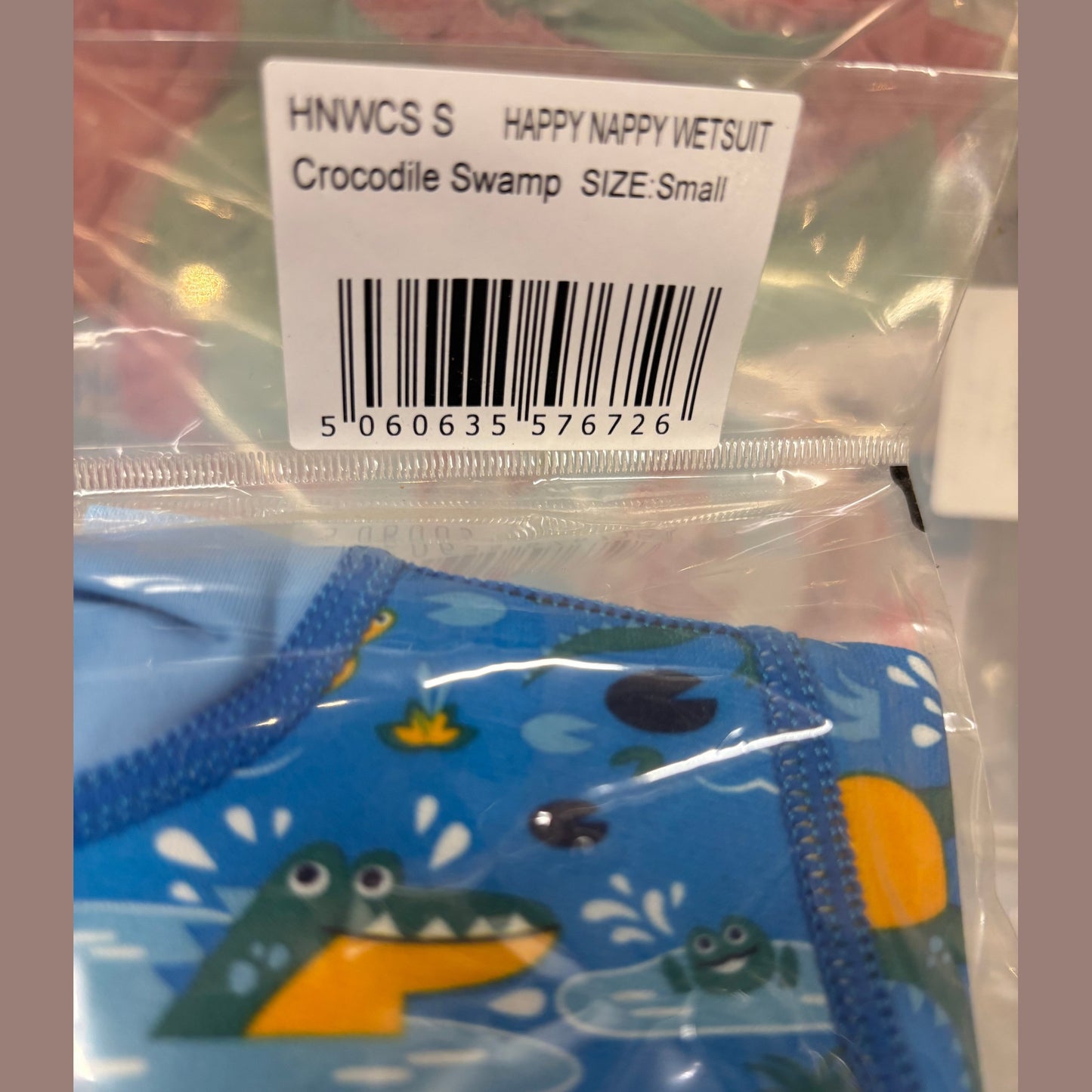 Splash About Happy Nappy Wetsuit Crocodile Swamp Small in packaging with blue neoprene and green crocodile print
