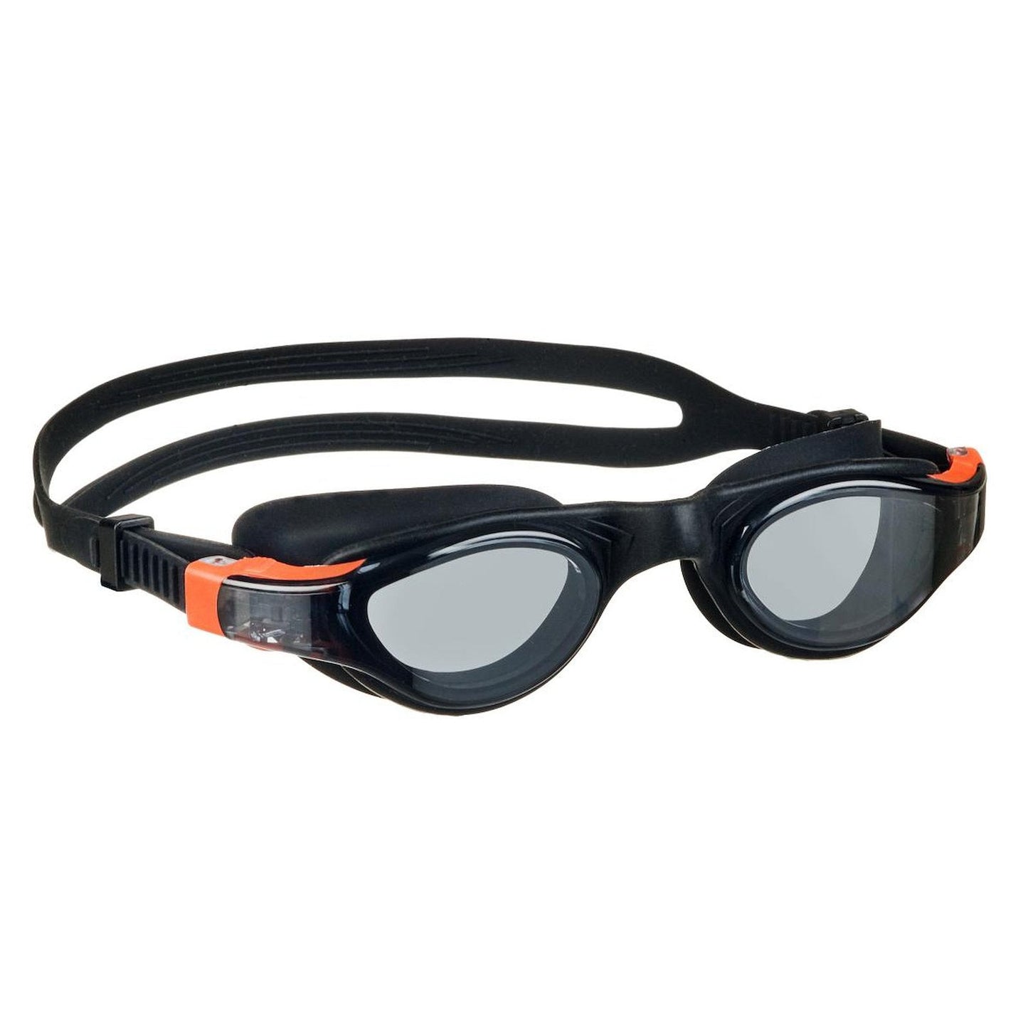 BECO Oslo adult swimming goggles with black frame, gray reflective lenses, and orange accents