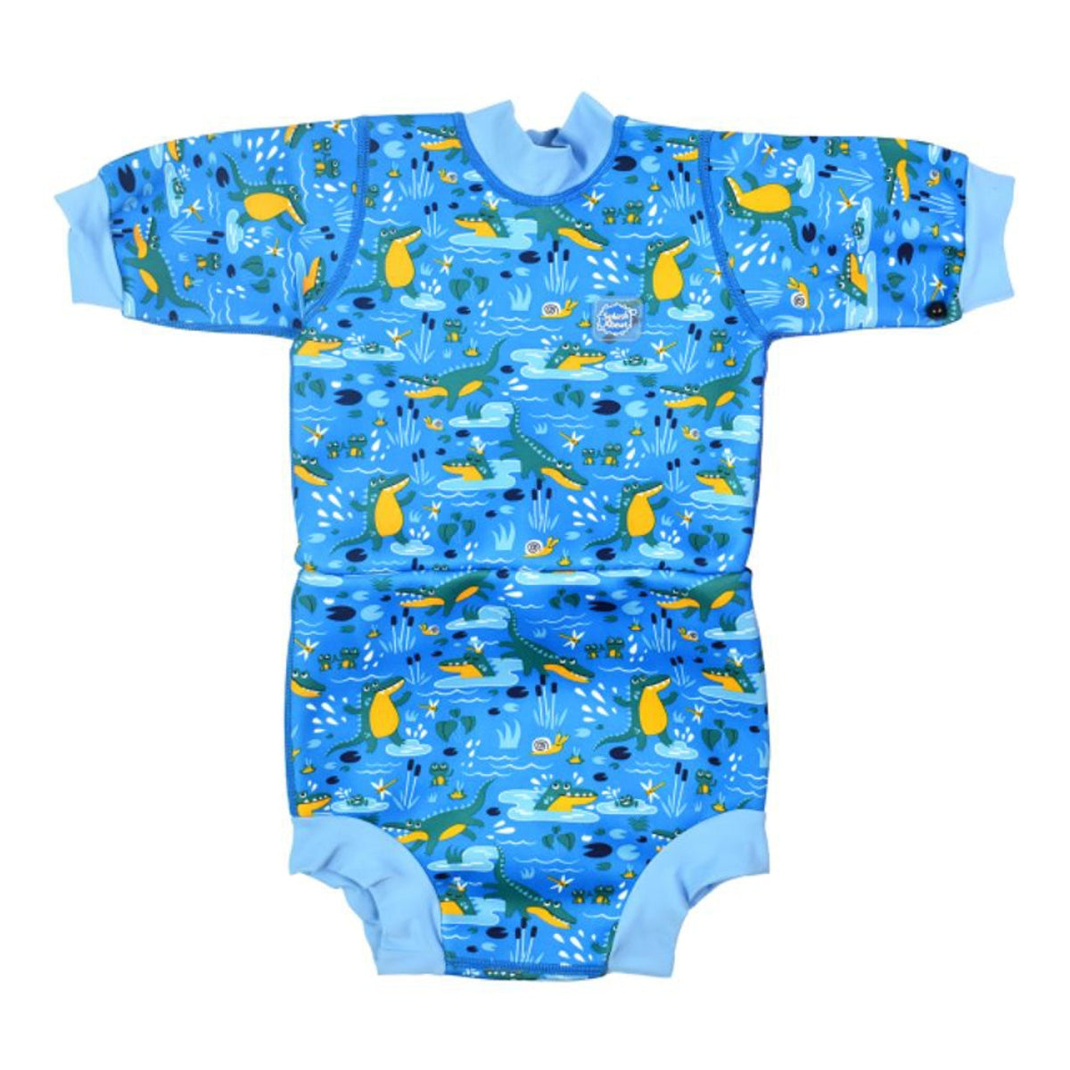 Baby full-body neoprene wetsuit Crocodile Swamp pattern with SPF50+ protection and ribbed cuffs