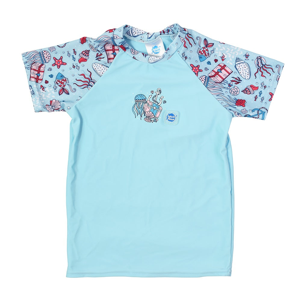 Splash About kids short sleeve rash top light blue with underwater treasure print and SPF50+ protection
