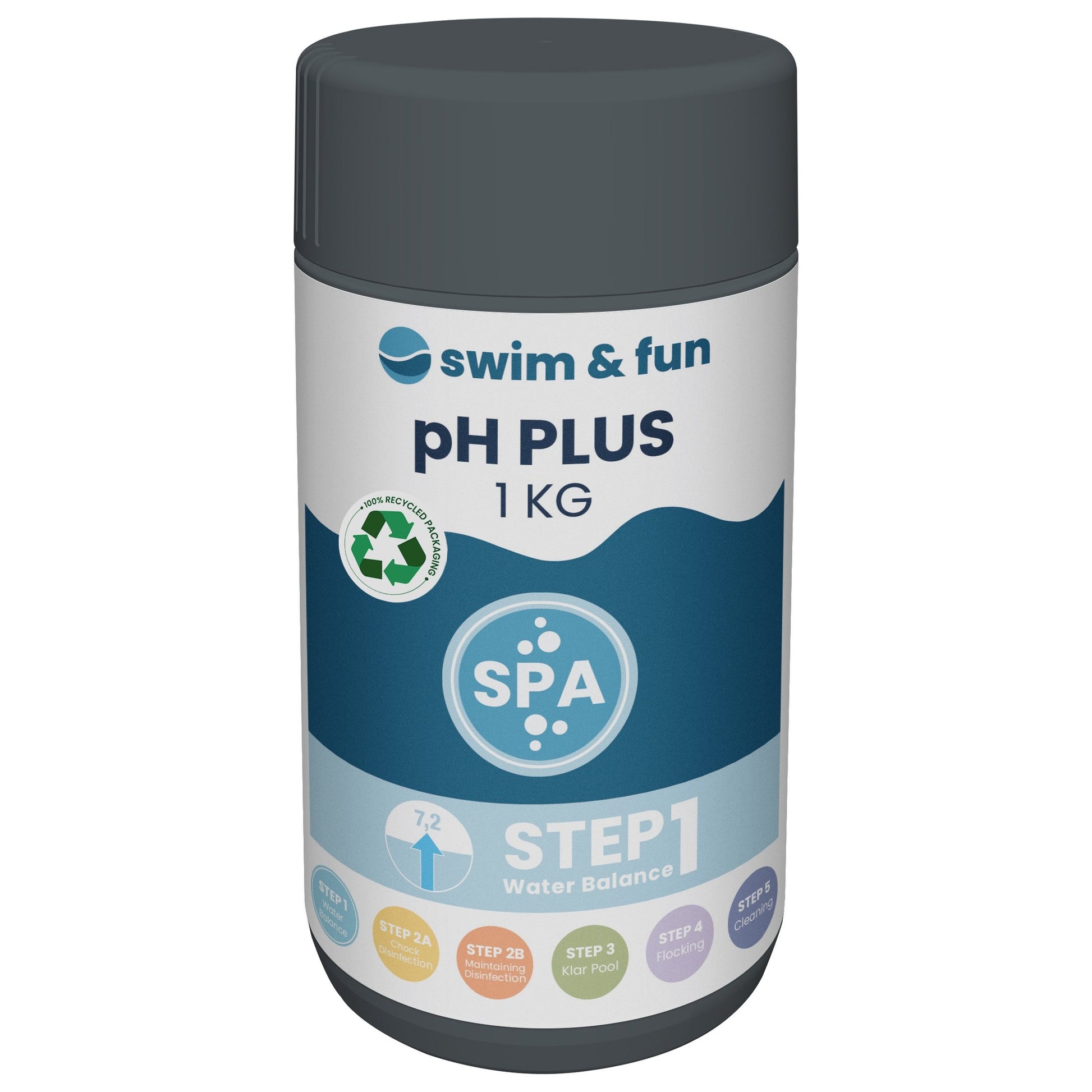 Swim & Fun Spa pH-Plus 1 kg produktemballage til vandbehandling