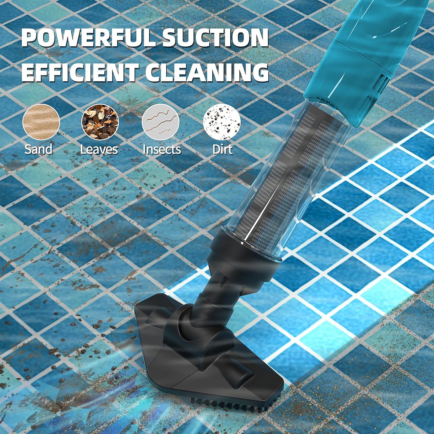 Swim & Fun genopladelig støvsuger renser sand, blade, insekter og snavs fra poolen.