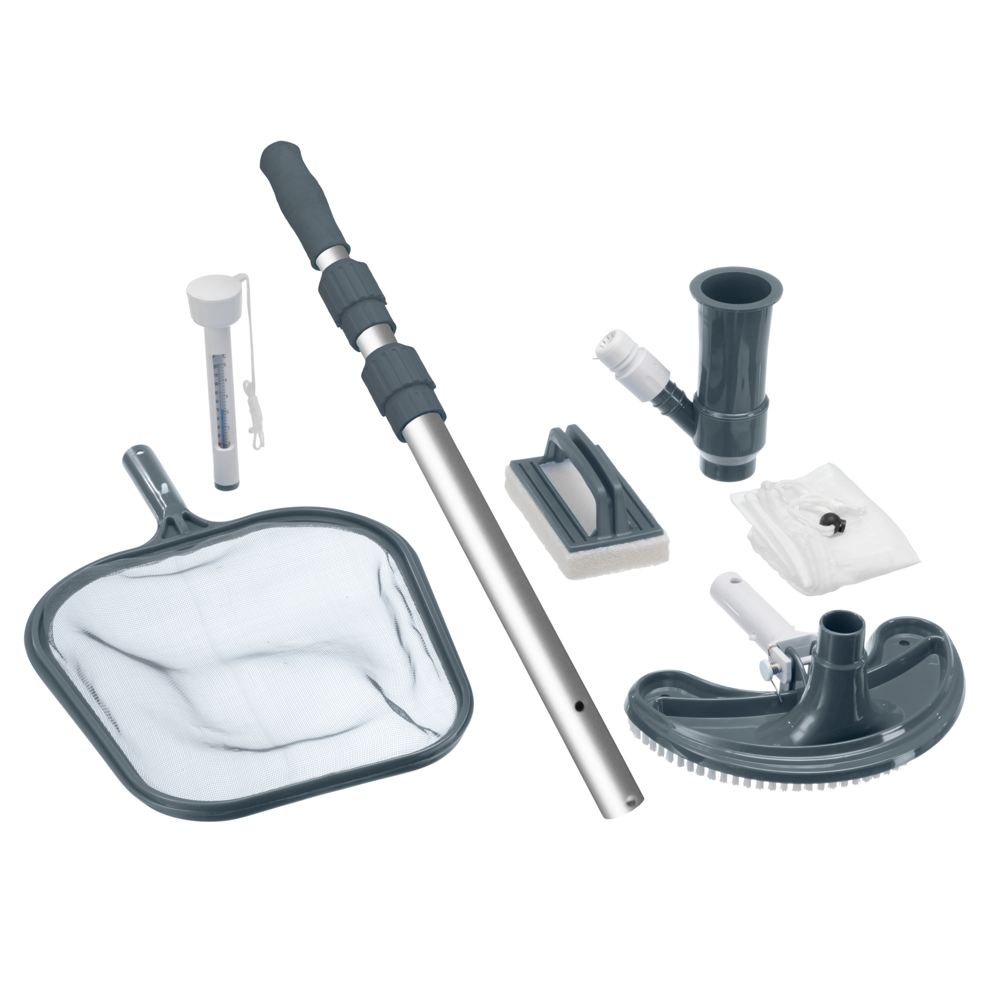 Swim & Fun Pool Care Basic Set with skimmer, pole, brush, thermometer, and vacuum hose for small pools